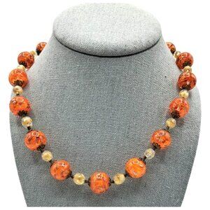 Vintage Murano Glass Necklace Orange Gold Givre Clear Cream Beaded Single Strand